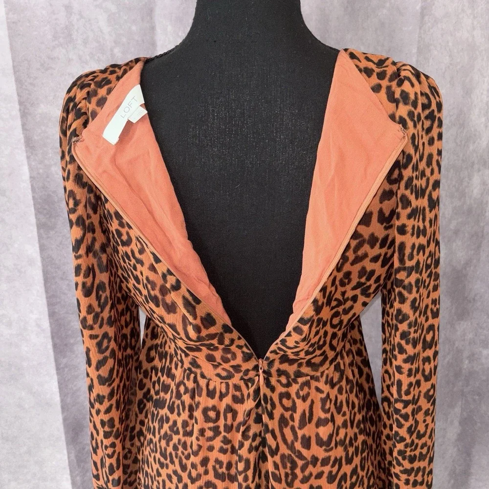 LOFT Brown Leopard Print Boho Chic Midi Chic Dress‎ Womens Size 4
